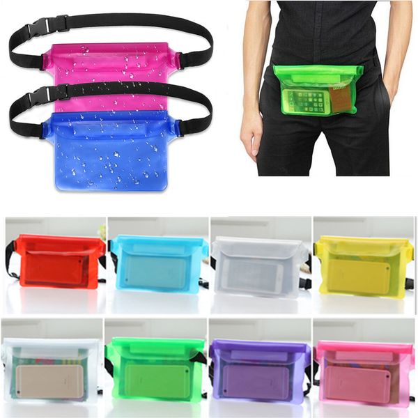 Caixas de bolsa impermeáveis ​​de PVC Limpar Capas de bolsa de cintura 3 camadas seladas Saco de cinto ajustável Saco seco para o telefone Barating Surfing Water Prova Sacos