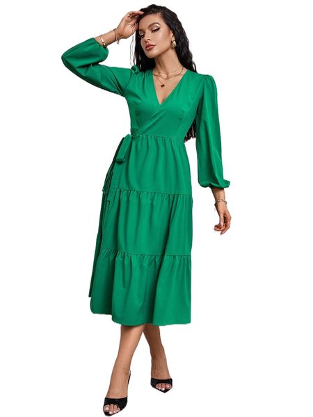 

lantern sleeve tie side layered hem wrap dress i0u4#, Black;gray