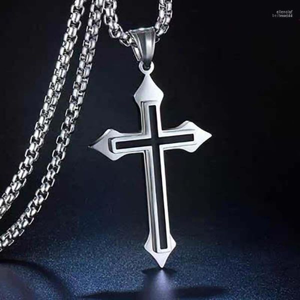 Anhänger Halsketten Klassisches Kreuz Für Männer Schmuck Einfache Retro Pullover Kette Lange Religiöse Halsketten Männlich Titan Stahl Zubehör Elle22