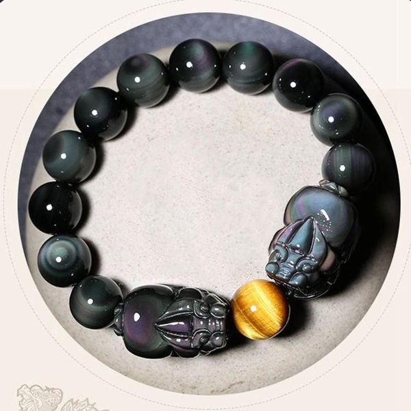 Fios de miçangas de alta qualidade Real arco-íris de gato olho de gato preto obsidiano contas Pixiu Bracelete Lucky Charams Bracelets de jóias para homens Boman B