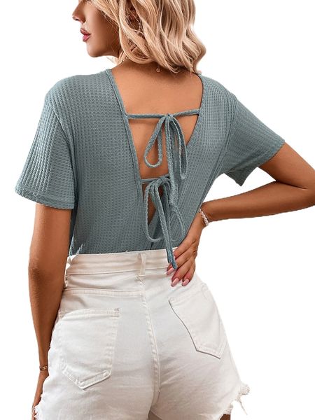 

tie back waffle knit tee n7dv#, White