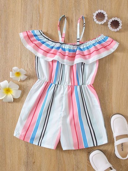 

toddler girls block striped ruffle trim cold shoulder romper she, Blue