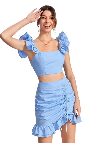 

x the moon in leo ruffle trim tie back crop & drawstring layered hem skirt c7cc#, White