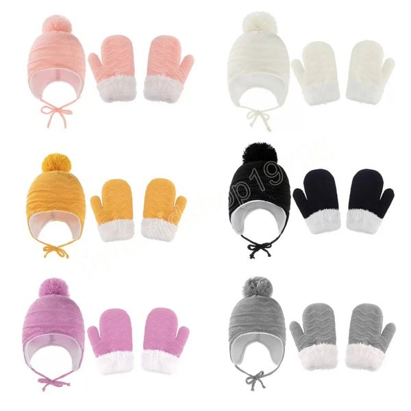 Kinder-Strickmützen und Handschuhe-Set, Baby-Wintermütze, Fäustlinge, Wolle, Samt, Hip-Hop-Sport, winddicht, gestrickt, Totenkopf-Kappen, Outdoor, Wolle, Gehörschutz, Häkel-Skullies-Mütze