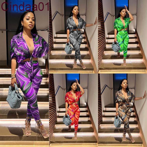 

2022 summer and sutumn womens long pants suit bandage shirts two piece set fashion floral printed casual outfits, White