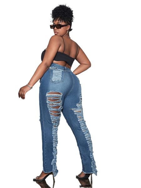 

sxy plus destroyed ripped raw hem jeans v1yh#, Blue