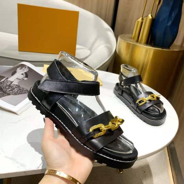 

flat comfort women sandals oversized gold-tone chain slippers smooth calf leather slides velcro front strap embossed sandal treaded rubb ymf, Black