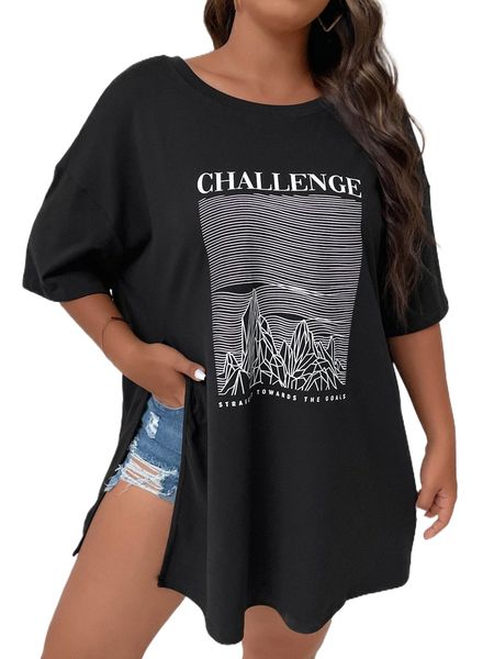 

plus letter graphic drop shoulder split hem tee r1uh#, Black