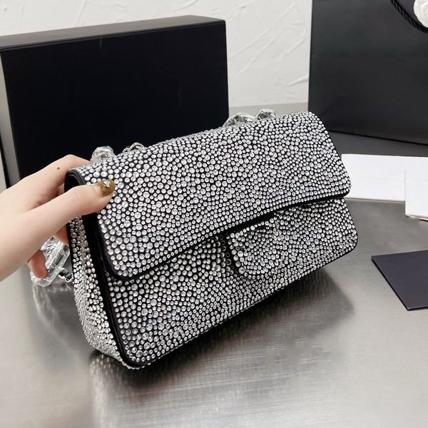

22ss trend one shoulder flap rhinestone bags leather diamond quilted bronze hardware chain portable crossbody bag wallet luxury designer