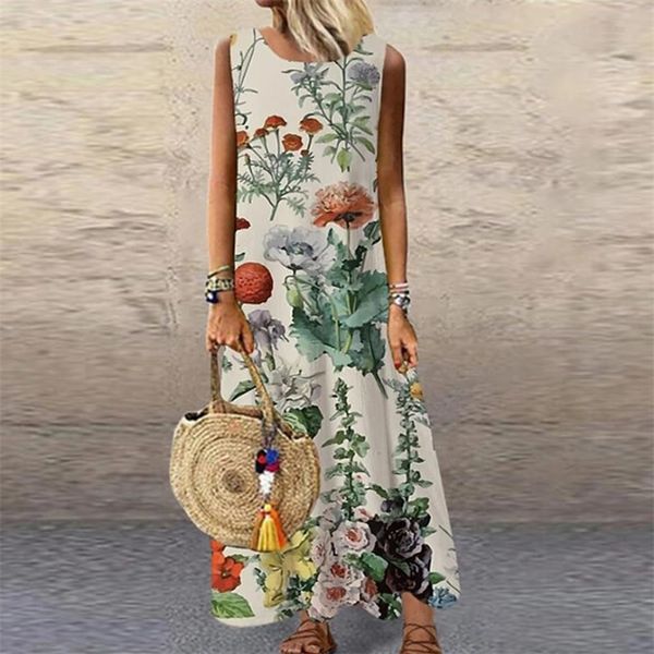 

vintage floral printed women sleeveless sundress summer loose casual beach long dress ladies bohemia maxi dresses party vestidos 220426, Black;gray