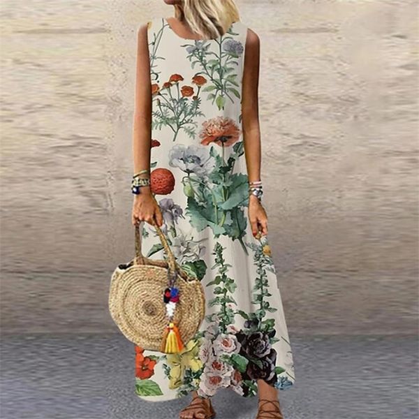 Vintage Floral impresso feminino sem mangas Sundress verão solto praia casual vestido longo damas bohemia maxi vestidos Vestidos 220426