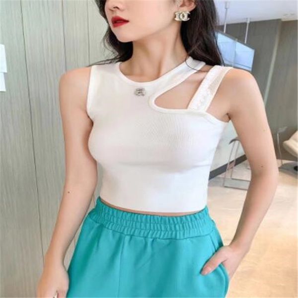 

summer womens designers knitted t shirts with rhinestones letter sleeveless knits fashion style ladies tshirt, White