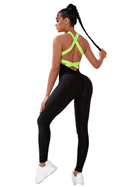 

honeycomb textured crisscross backless sports jumpsuit f0ol#, Gray