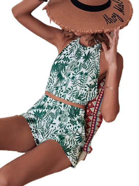 

tropical print tie backless crop halter & shorts 71cc#, White