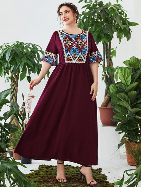 

plus geo print contrast guipure lace flounce sleeve dress o92h#, Black