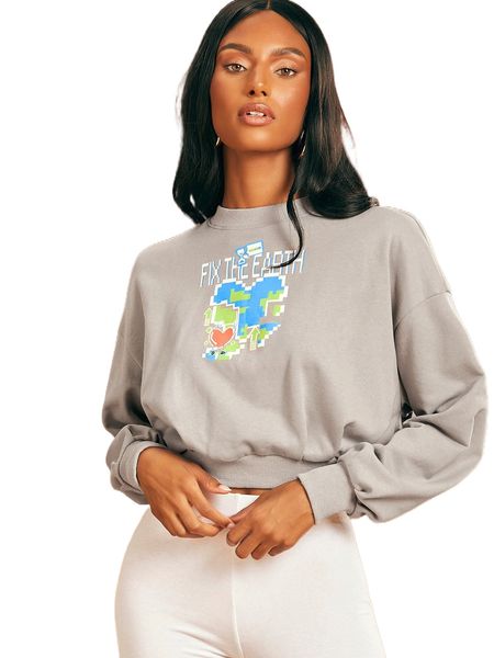 

x penelope ping heart & slogan graphic drop shoulder pullover v95b#, Black