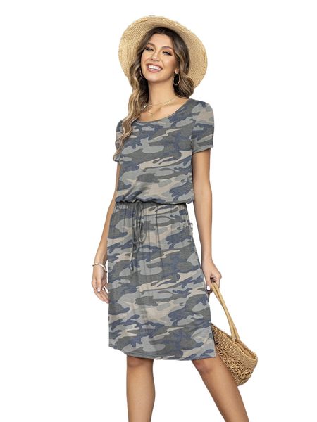 

dearcase camo print drawstring waist dress n5oy#, Black;gray