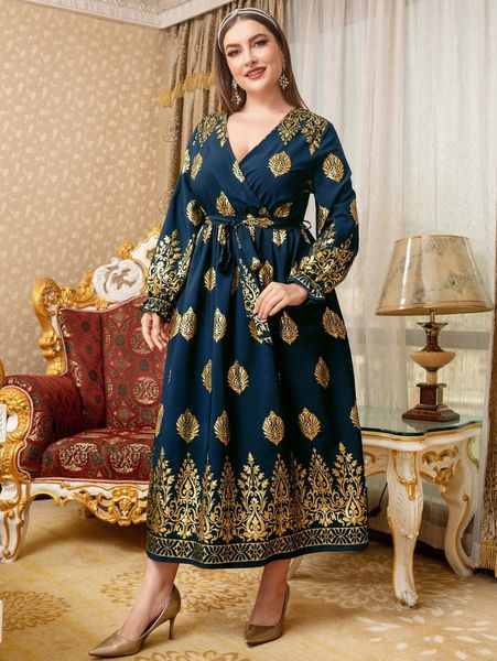 

plus gold damask print flounce sleeve belted dress d6w2#, Black