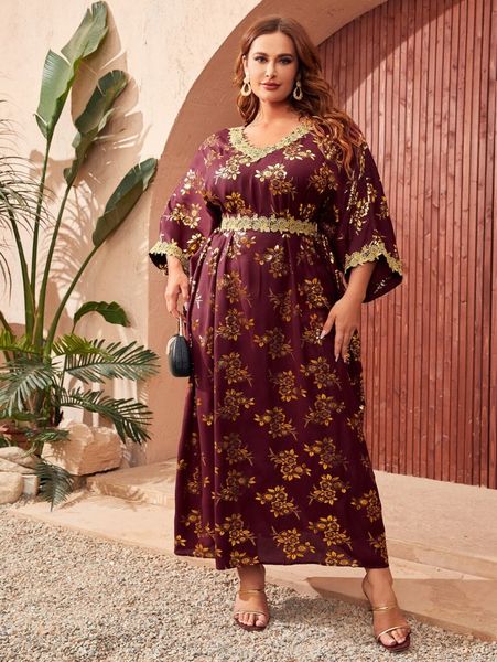 

plus floral appliques batwing sleeve belted dress i5te#, Black