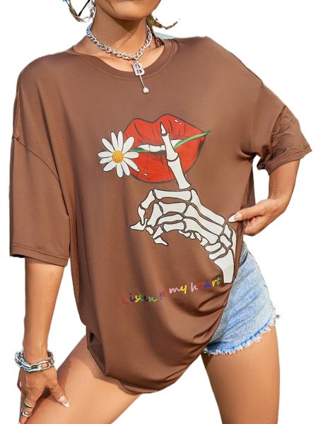 

lip & skeleton print drop shoulder tee w7m5#, White