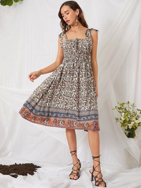 

floral print tie shoulder cami dress 77cz#, Black;gray