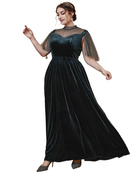 

plus contrast mesh mock neck cloak sleeve velvet dress e3hv#, Black