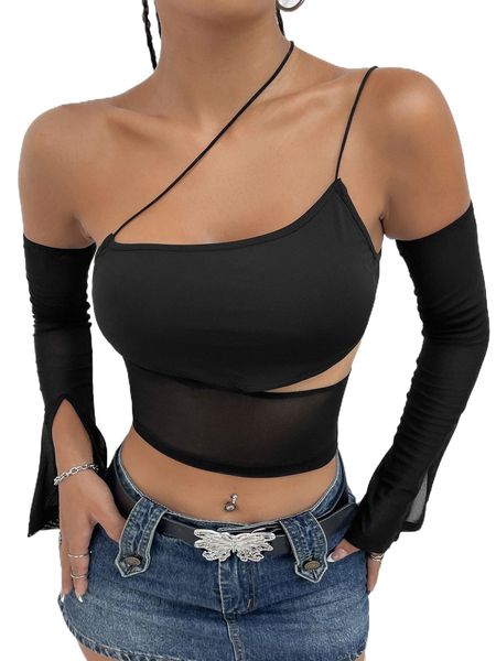 

asymmetrical neck slit cuff contrast mesh cut out t73c#, White