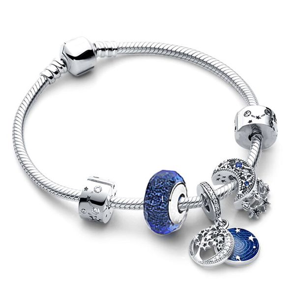 Novo 925 luxuosos Bracelets de prata esterlina Conjunto de charme de miçangas Galaxy Collection Diy Astronato Jóias de moda Adequado para Pandora Pinging Women Gifts 16-21cm