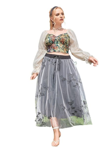 

plus butterfly & floral embroidered grommet lace-up mesh flare skirt d1sp#, Black