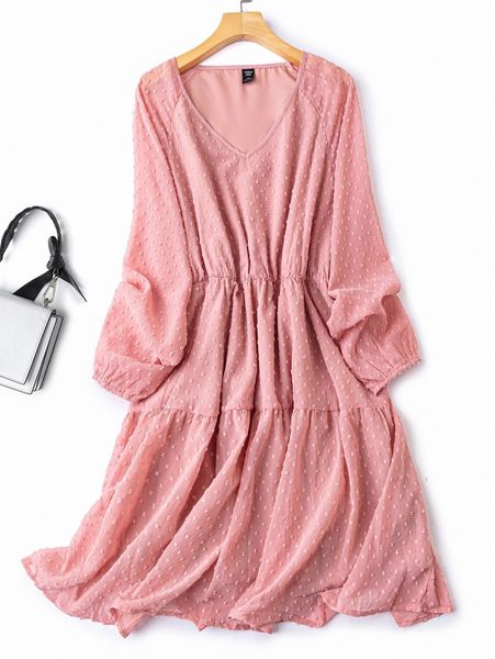 

plus v neck swiss dot chiffon dress o5oo#, Black