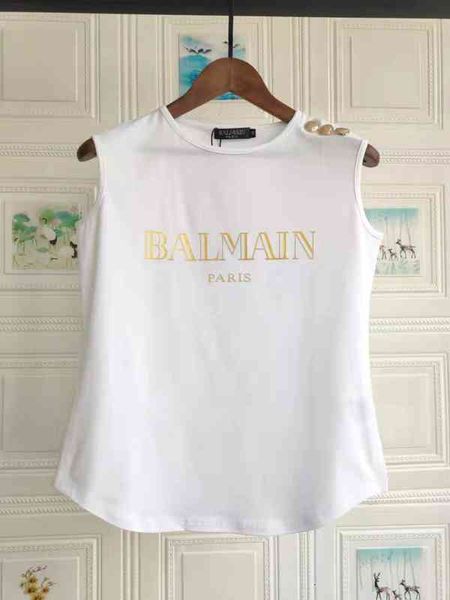 

women's t-shirt liu yuyi same balman gilded letter cotton gold button arc hem sleeveless vest ai67, White