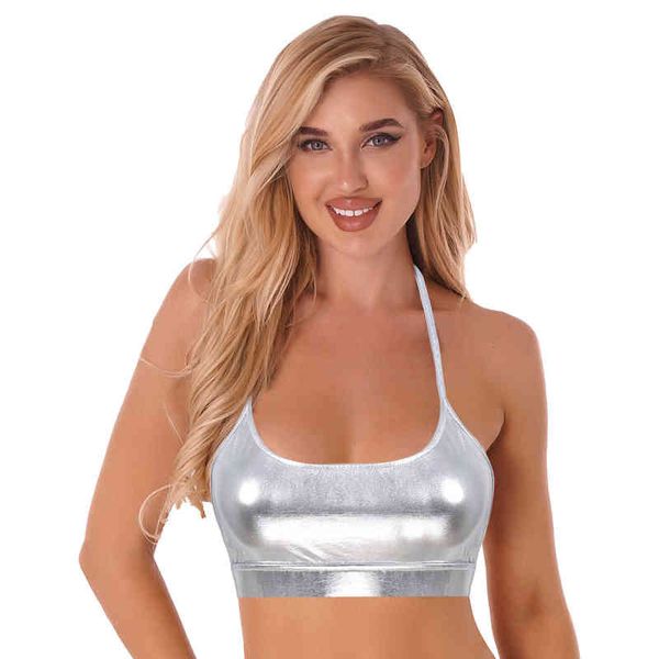 

women spaghetti straps sleeveless gym bra mini tank open back shiny metallic workout sport bra vest l220714, White