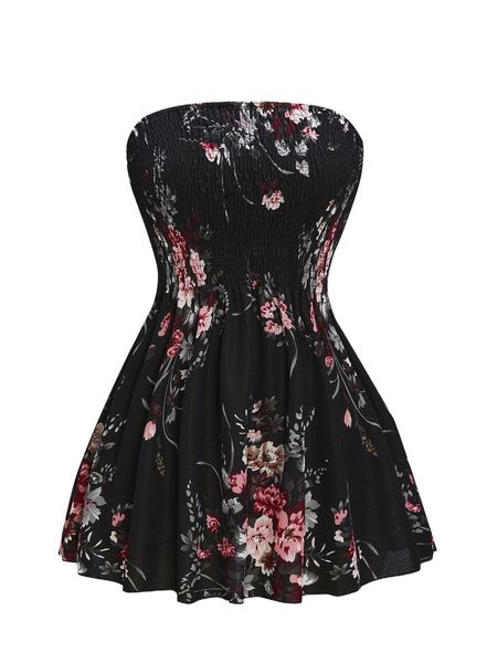

plus floral print shirred peplum tube a173#, Black