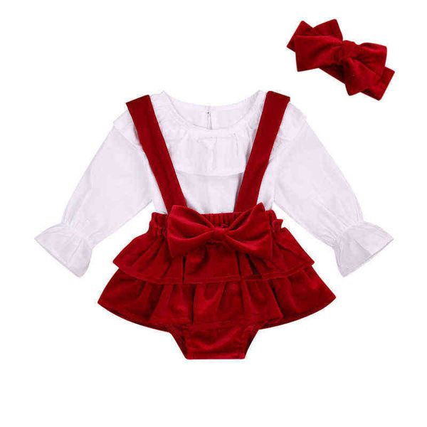 

2021 infant newborn baby girls long sleeve shirt overall velvet ruffled shorts headband spring 3pcs outfit clothes aa220323, White