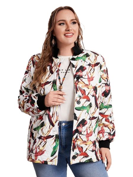

plus allover bird print stand collar quilted coat v5qa#, Black
