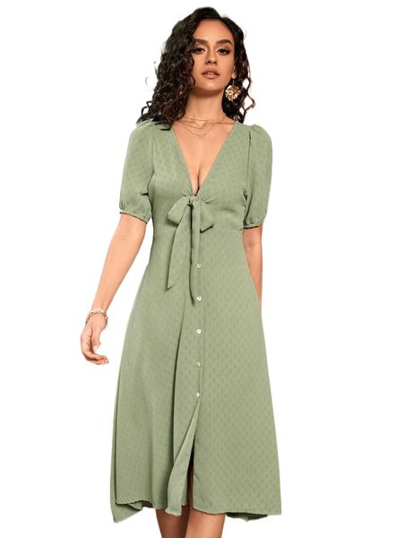 

knot front puff sleeve dress l4hg#, Black;gray
