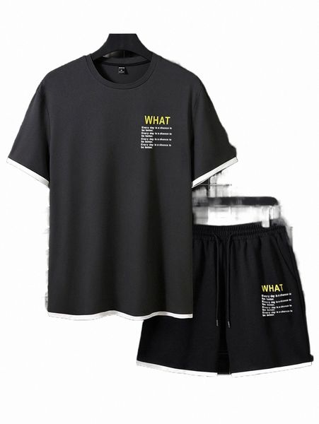 

men slogan graphic contrast binding tee & drawstring waist shorts c0o2#, Gray