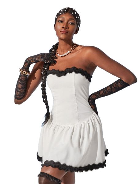 

colorblock scallop trim tube dress v5is#, Black;gray