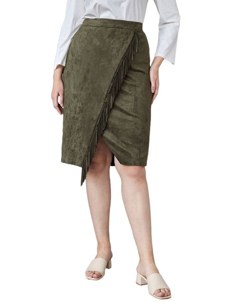 

motf premium plus suede fringe skirt n41l#, Black