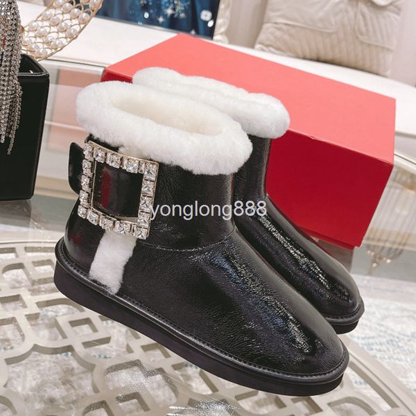 

boots autumn and winter style square buckle patent leather round head drill plush warm snow boots flat bottom fur integrated, Black