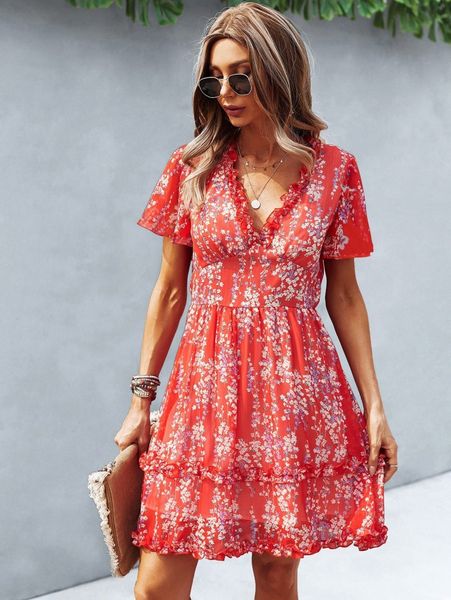 

ditsy floral print frill trim dress h8na#, Black;gray