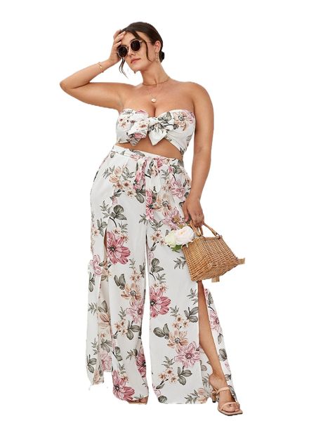 

plus floral print knot front tube & tulip hem pants y4wp#, Black