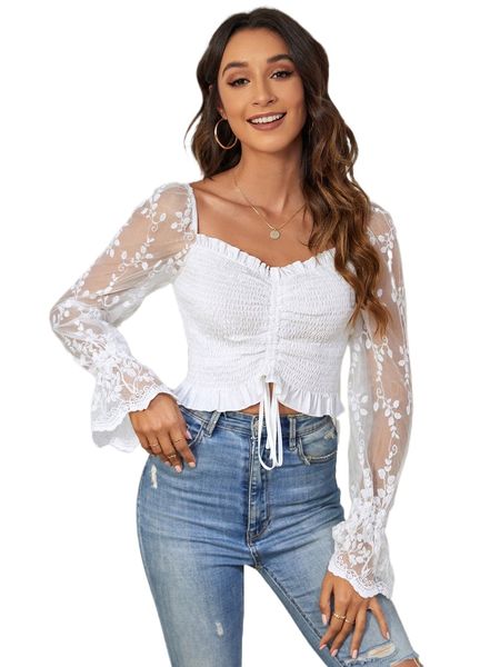 

embroidery shirred drawstring front blouse 81ey#, White