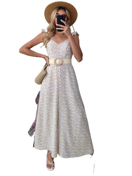 

ditsy floral print ruffle trim backless split thigh dress without belt 56af#, Black;gray