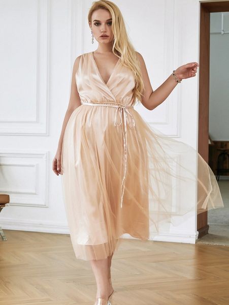 

love&lemonade plus surplice neck mesh hem belted prom dress x7gh#, Black