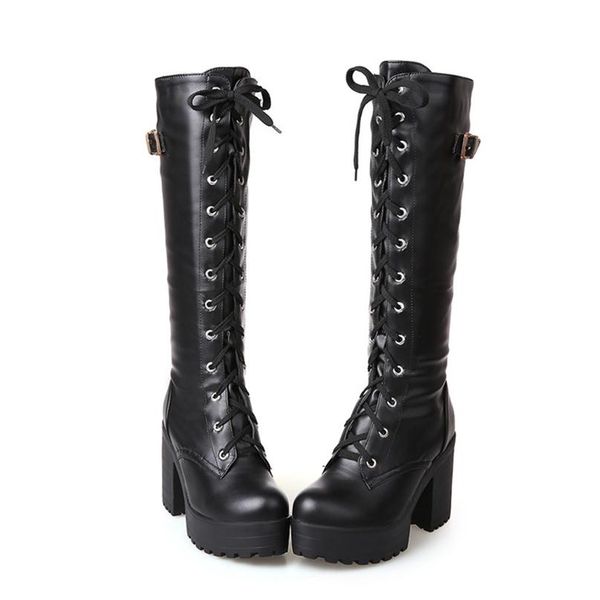 

gothic square chunky block high heels riding boots women lace up thick platform rock punk cosplay knee high boots shoes279w, Black