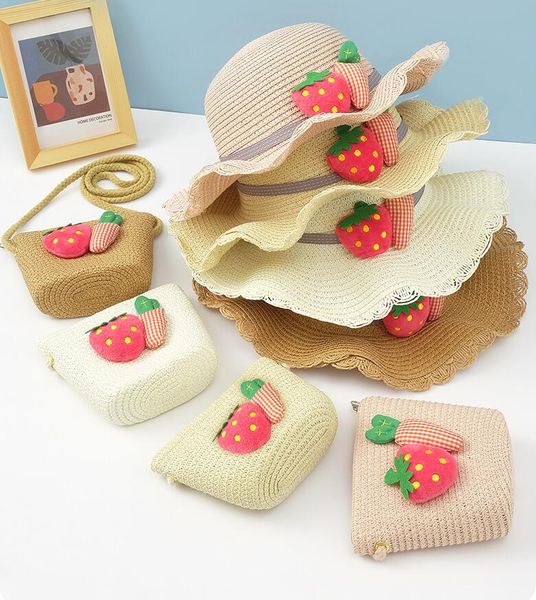 Meninas Sunhat Saco Set Kids Grande Brim Palha Morango Cenoura Tampão Com Bolsa De Ombro Bolsa Proteção UPF Para Bebê Criança Rosa Blue Coffee Branco