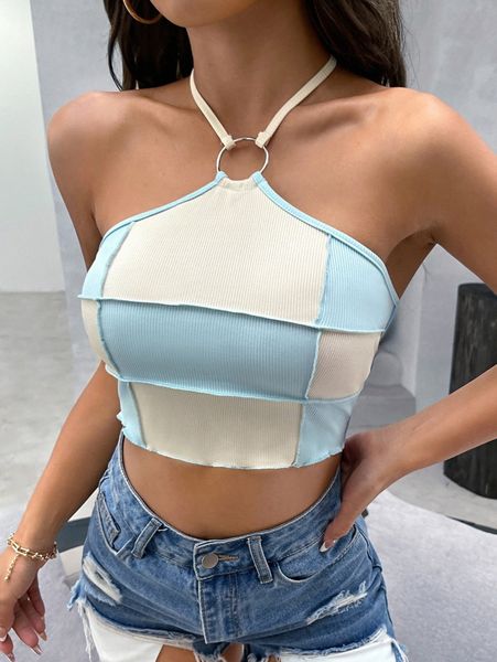 

lettuce trim o-ring detail tie backless colorblock crop halter c303#, White