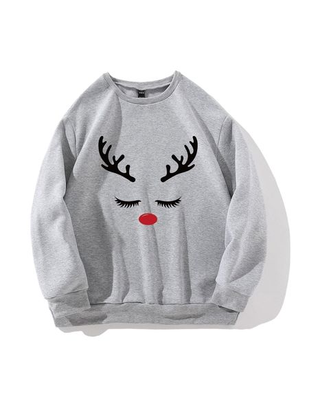 

christmas elk print drop shoulder pullover 97st#, Black