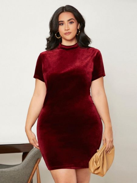 

plus mock neck velvet bodycon dress b1mk#, Black